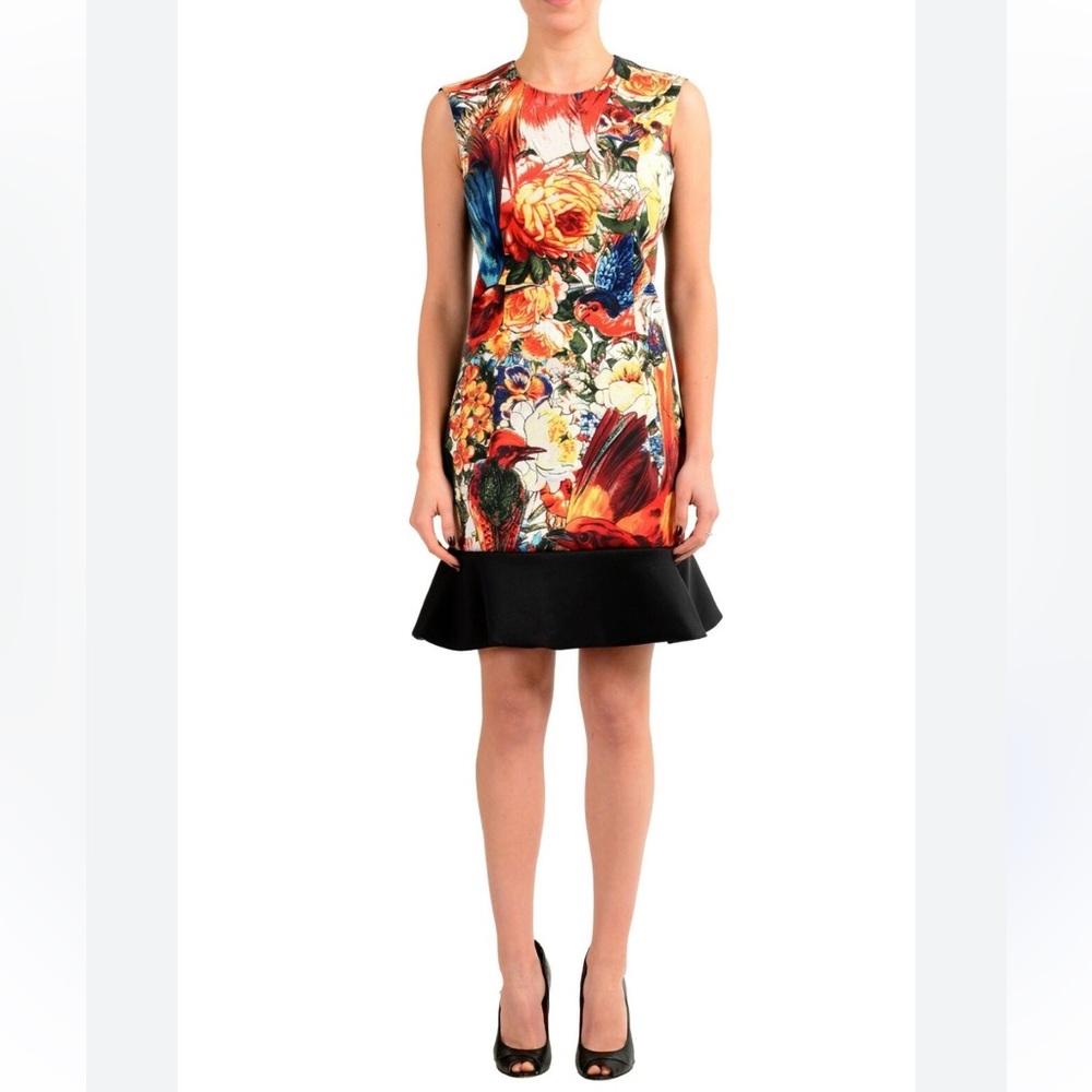 JUST CAVALLI IT46 Bird Print Floral Multicolour Ruffle Scuba Dress Size 48 (XL)